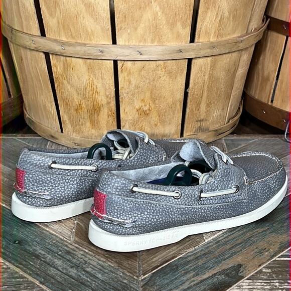 Sperry A/O 2-Eye Washed Flecked Pebbled Gray Red Leather Boat Shoes Mens Size 7 - Picture 5 of 11